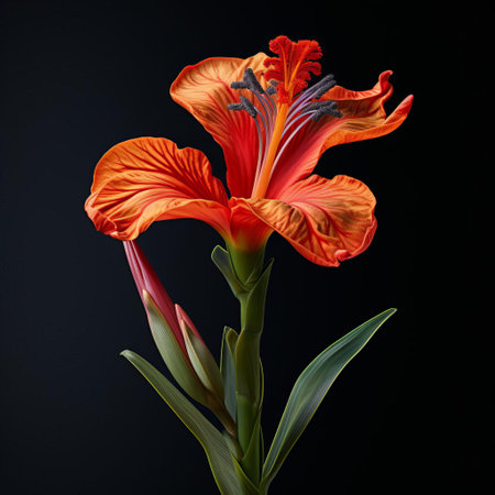 the canna lily, a vibrant and exotic flower, is showcased in stunning detail against a solid background, its intricate textures and delicate curves expertly captured in a frontal view, evoking the intimacy of a micro photograph, highlighting the beauty of botanical wonders, tropical flowers, and plant life. ai generatedの素材