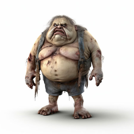 a 3d fat zombie stands menacingly on a white isolated background, its grotesque features and bloated body a testament to the undead's unholy resurrection, perfect for horror and halloween-themed designs, video games, and spooky digital art, evoking fear and dread in all who behold it. ai generatedの素材
