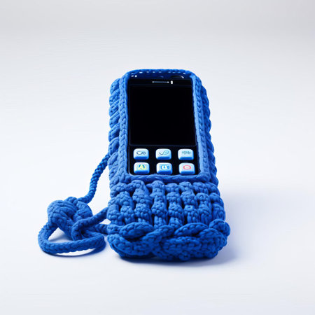 the vibrant indigo knitted phone stands out against a pristine white background in this captivating still life photo, showcasing the intricate texture of the knitted fabric, perfect for those who appreciate minimalist product photography, knitted accessories, and bold color schemes. ai generatedの素材