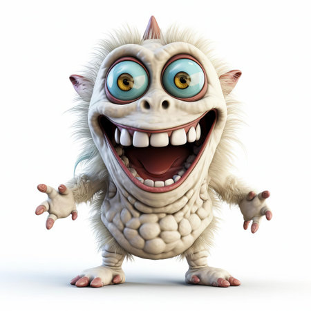 the 3d baby monster, with its vibrant green skin and playful eyes, sits confidently on a pristine white isolated background, showcasing its full body in a fun and quirky pose, perfect for use in children's media, advertising, and digital design projects focused on kids and fantasy. ai generatedの素材