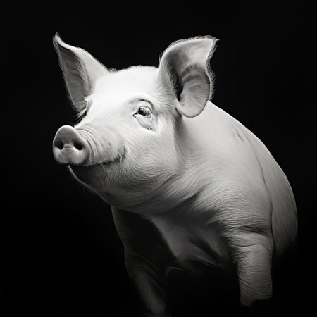 this stunning pig portrait, rendered in bold black and white, showcases the artist's mastery of minimalist strokes, hyper-realistic atmospheres, and rim light, evoking a sense of lifelike accuracy and abstract minimalism, perfect for appreciators of realist art and innovative saturation techniques. ai generatedの素材