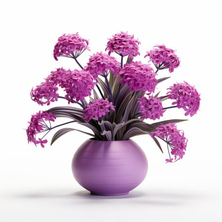 the verbena arrangement, bursting with vibrant purple hues, takes center stage on a pristine white isolated background, showcasing its delicate petals and intricate details, evoking a sense of elegance and sophistication, perfect for floral enthusiasts, wedding decorations, and botanical photography. ai generatedの素材