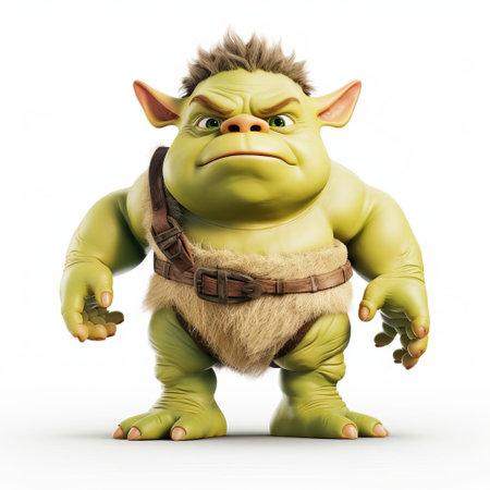 the 3d baby ogre, depicted in a full-body pose, sits proudly on a pristine white isolated background, showcasing its endearing features and vibrant colors, perfect for fantasy and mythology-inspired designs, digital art, and imaginative storytelling. ai generatedの素材