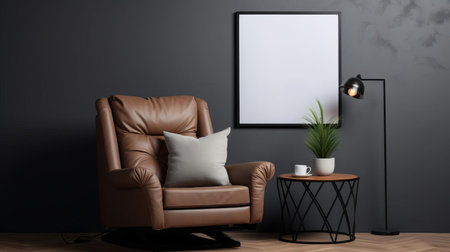 the recliner, adorned with a blank poster frame sitting atop its plush cushion, is beautifully captured in this professional photograph, showcasing exceptional studio lighting and an artistic, unique, and award-winning composition that exudes elegance and sophistication. ai generatedの素材