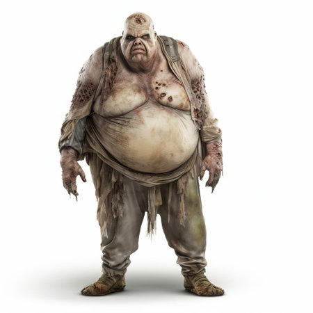 a 3d fat zombie stands alone on a white isolated background, its grotesque features and bloated body a testament to the undead's eerie presence, perfect for horror and halloween-themed designs, illustrations, and digital art, evoking a sense of fear and unease in all who lay eyes on it. ai generatedの素材