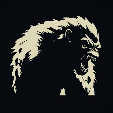 the bonobo, depicted in a striking werewolf silhouette stencil, is a beginner-friendly design for wood block printing and linocut enthusiasts, featuring clean shapes and minimal details in a cartoon-inspired line art style, set against a dramatic black background with effective use of negative space. ai generatedの素材