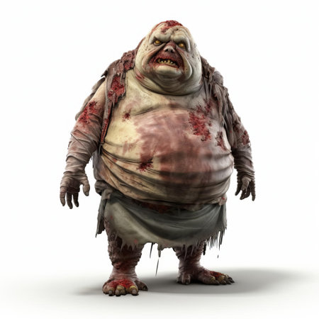 the 3d fat zombie, standing in a menacing pose, is showcased in stunning detail against a pristine white isolated background, highlighting its gruesome features and eerie presence, perfect for horror and halloween-themed designs, video games, and spooky visual effects. ai generatedの素材