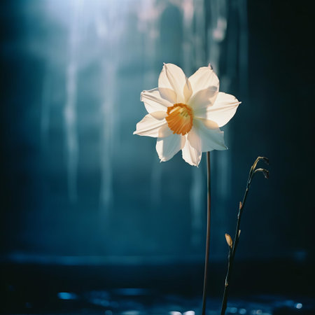 the narcissus stands elegantly in front of a dark blue wall, its delicate petals and yellow center subtly illuminated by soft, natural evening light, capturing the essence of a serene moment in this dreamy, film-grained, analog photograph that exudes a nostalgic, retro vibe. ai generatedの素材