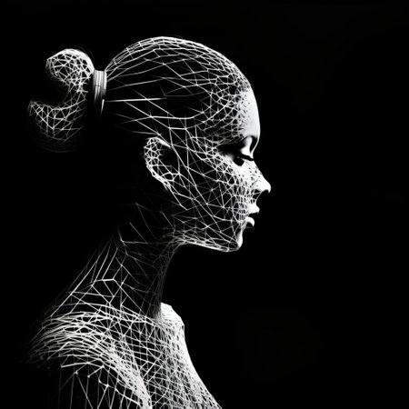 the musician's silhouette profile stands out against a striking string art-inspired background, where intricate threads of light and shadow converge in a mesmerizing junction, creating a visually stunning contrast of pure white and black, evoking emotions and creativity in this artistic composition. ai generatedの素材