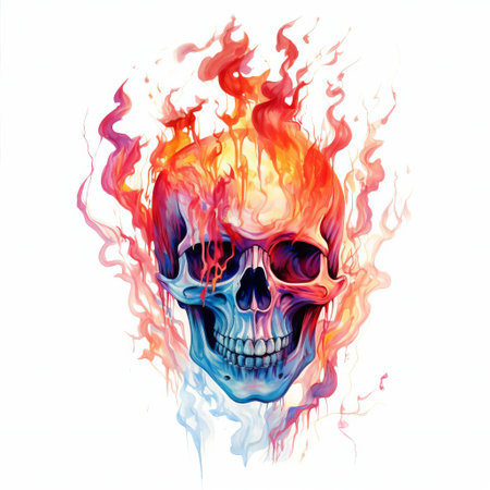 a haunting abstract skeleton, set against a pristine white background, is engulfed in flames that dance across its skull, evoking a sense of eerie satire, reminiscent of beatrix potter's whimsical yet unsettling illustrations, perfect for fans of dark art and macabre decor. ai generatedの素材