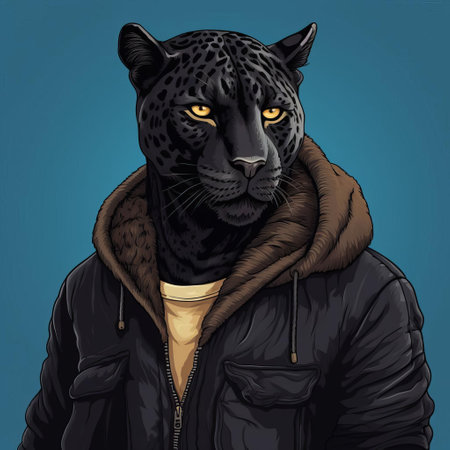 the panther, dressed in a vibrant orange sweater with white pom-poms, sits comfortably on a winter wonderland background, surrounded by snowflakes and pinecones, exuding a playful and cozy atmosphere, perfect for winter fashion and animal lovers alike, featuring a mix of wildlife and winter clothing trends. ai generatedの素材
