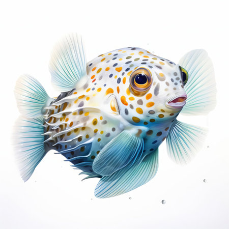 the pufferfish, with its vibrant orange and white stripes, is majestically showcased in a stunning hyper-realistic watercolor painting against a crisp white background, accentuating its intricate details and textures, while high contrast adds depth and dimension to this mesmerizing aquatic artwork, perfect for marine life enthusiasts. ai generatedの素材