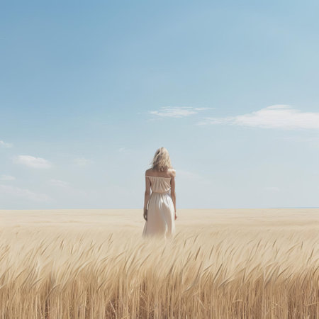 the woman stands serenely in a vast, open landscape field, surrounded by lush green grass and a few scattered wildflowers, basking in the warmth of a clear blue sky with only a few wispy clouds, evoking a sense of peaceful simplicity and minimal elegance in nature. ai generatedの素材