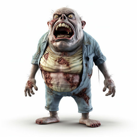 a 3d fat zombie stands alone on a white isolated background, its grotesque features and bloated body a testament to the undead's unholy existence, perfect for horror and halloween-themed designs, illustrations, and digital art, evoking a sense of fear and dread in all who behold it. ai generatedの素材
