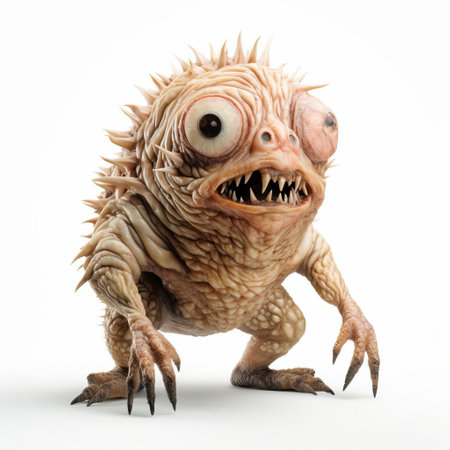 a 3d monster, reminiscent of patricia piccinini's emotive style and giuseppe arcimboldo's surrealism, stands proudly on a pristine white isolated background, showcasing its intricately designed full body, complete with expressive facial animation that brings its fantastical features to life. ai generatedの素材