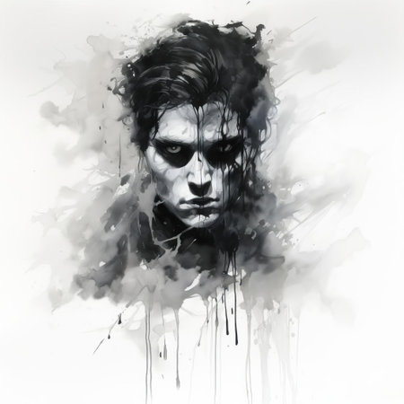elvis presley, the king of rock and roll, creates a haunting image of a lost soul with a blank background, evoking a sense of melancholy and nostalgia, reminiscent of the eerie illustrations of stephen gammell, blending music legend with dark, gothic art, and vintage aesthetics. ai generatedの素材