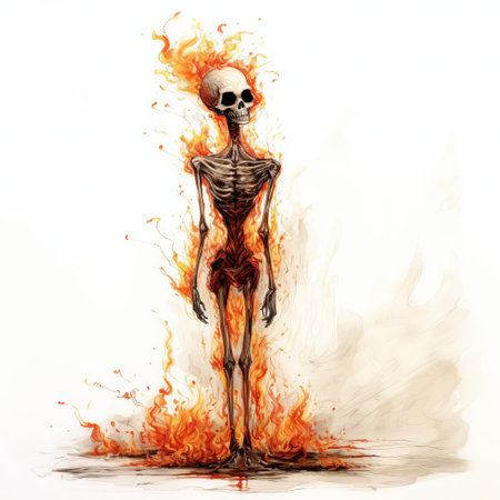 a haunting expressionism skeleton, illustrated by beatrix potter, stands out against a pristine white background, its head engulfed in fiery flames, evoking a sense of intense passion and creative fervor, while the stark background emphasizes the dramatic, avant-garde essence of this artistic masterpiece. ai generatedの素材