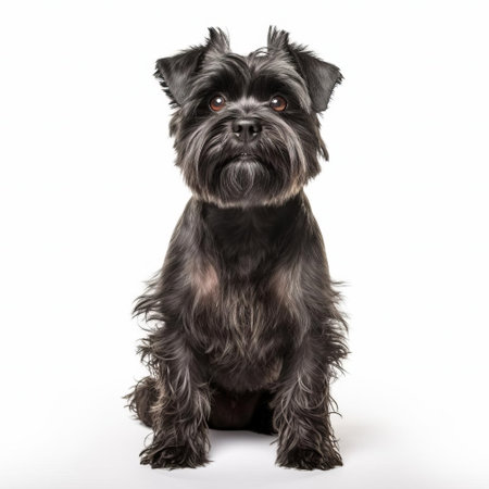 the affenpinscher dog, with its distinctive monkey-like face and shaggy coat, sits proudly on a white background, showcasing its compact, sturdy body and playful personality, making it a beloved companion dog breed and popular choice for dog owners and enthusiasts alike. ai generatedの素材