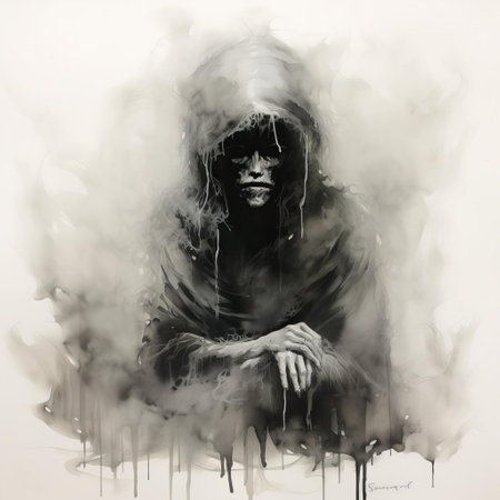 the outkast-inspired artwork depicts a haunting image of a lost soul, set against a stark blank background, reminiscent of stephen gammell's eerie illustrations, evoking a sense of melancholy and isolation, perfect for fans of dark art, gothic aesthetics, and surrealism. ai generatedの素材