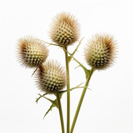 the burdock, a type of edible thistle, is showcased in its full glory, with a single stem and leaves spread out in a section view, set against a pristine white background, highlighting its intricate details and textures, perfect for botanical and herbalism enthusiasts. ai generatedの素材