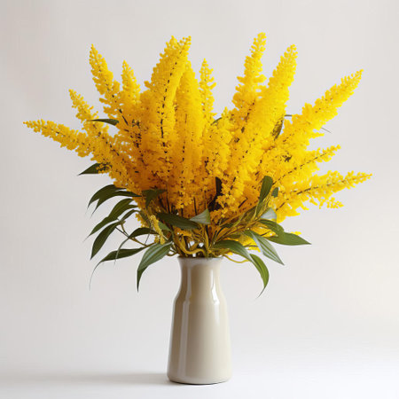 goldenrod flowers are beautifully arranged on a pristine white table, showcasing their vibrant yellow petals and delicate stems in stunning high detail, captured in hyper-realistic 8k high-resolution photography ideal for commercial use. ai generatedの素材