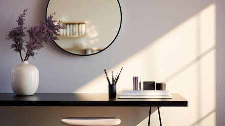 this elegant accent mirror sits atop a sleek, minimalist table, its ornate frame and subtle curves blending seamlessly with the clean lines of the modern furniture, creating a harmonious balance of style and sophistication in this intimate, close-up shot, evoking a sense of refined luxury and understated glamour. ai generatedの素材