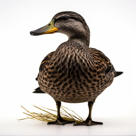 the american black duck, a large dabbling duck, is beautifully showcased in this stunning photograph, isolated on a pure white background, highlighting its striking plumage and vibrant coloration, a true marvel of nature and wildlife photography, perfect for enthusiasts of birdwatching and outdoor adventure. ai generatedの素材
