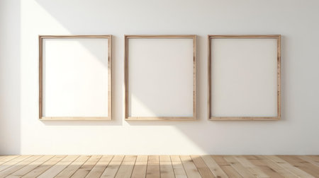 three empty frames, positioned on a white wood floor, create a striking visual contrast, evoking the style of the barbizon school, with their organic compositions and play on light and shadow, reminiscent of contemporary landscapes, while incorporating elements of solarizing and vray rendering, in a warm, light brown hue. ai generatedの素材
