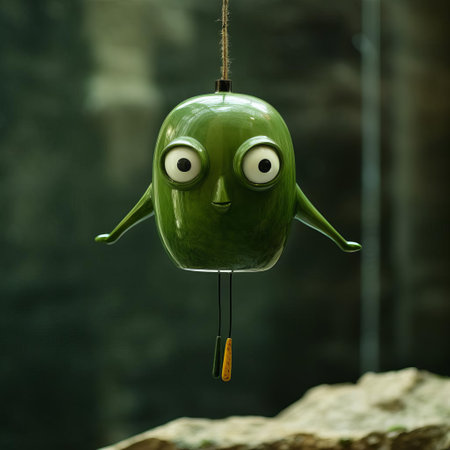 this vibrant green bird figurine, reminiscent of evgeni gordiets' and clemens ascher's inventive character designs, boasts intricately painted eyes on its head, perched atop a delicate hanging glass, evoking the whimsical style of didier lourenco, with spiky mounds adding texture to this captivating close-up shot. ai generatedの素材