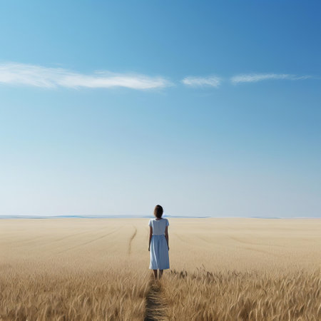 the woman stands serenely in the vast, open landscape, surrounded by lush green fields that stretch towards the horizon, under a brilliant clear blue sky with only a few wispy clouds, evoking a sense of peacefulness, simplicity, and freedom, perfect for nature lovers and minimalism enthusiasts. ai generatedの素材
