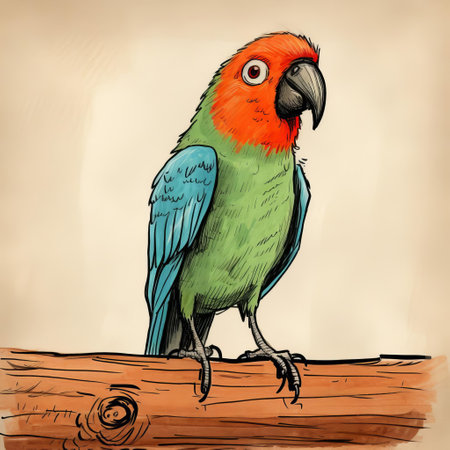 this colorful parrot, depicted in a whimsical and playfully imperfect cartoon style, showcases its vibrant plumage and expressive features, capturing the essence of a lively and charismatic bird, perfect for adding a touch of humor and personality to any design or illustration project. ai generatedの素材