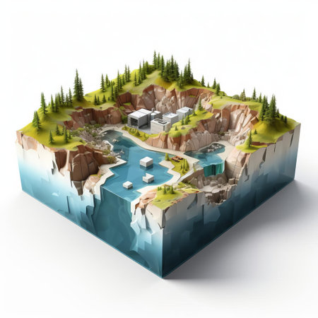 the quarry model, crafted from shiny plastic, sits proudly on a pristine white background, showcasing its isometric square design, perfect for architectural visualizations, 3d modeling, and industrial design projects, highlighting the beauty of modern mining infrastructure and excavation techniques. ai generatedの素材
