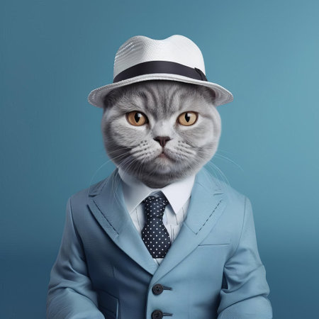 the american shorthair, dressed to impress in a light blue suit and hat, exudes sophistication and charm in this hyper-realistic photo, showcasing the breed's distinctive features and playful personality, with minimal retouching preserving the authenticity of the moment, perfect for feline enthusiasts and photography connoisseurs alike. ai generatedの素材
