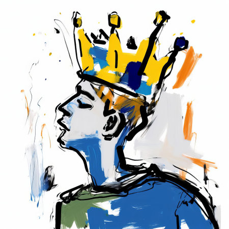 eric, adorned with a regal crown, gazes over their shoulder in this stunning digital drawing, inspired by the elegance of cecil beaton and the vibrancy of tumblr aesthetics, rendered in bold, expressionist lines reminiscent of matisse, using a fine-tip pen and wacom tablet, with a striking blue hue, showcased in breathtaking 32k super-resolution uhd quality. ai generatedの素材