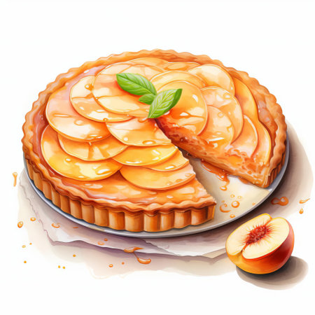 this delectable peach pie, adorned with a rich chocolate glaze, is beautifully captured in a watercolor style, showcasing its vibrant colors and textures, viewed from a top-down perspective on a clean white background, perfect for food bloggers, dessert enthusiasts, and anyone craving a sweet treat. ai generatedの素材