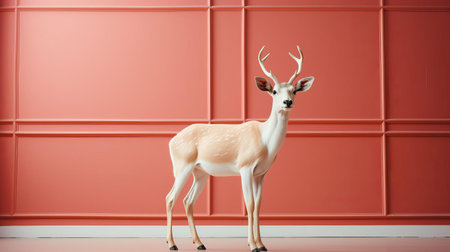 a gazelle stands elegantly in the center of a vast, rustic landscape, its gentle features and large eyes captivating the viewer, evoking a sense of serene simplicity reminiscent of wes anderson's whimsical style, as the minimalist composition highlights the beauty of subtlety in nature photography. ai generatedの素材