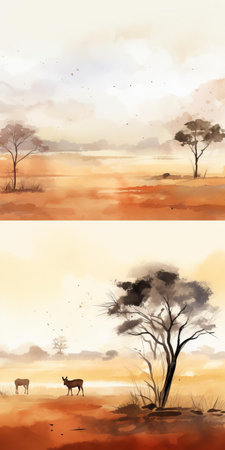 the savanna landscape unfolds in soft, ethereal hues, as gentle brushstrokes of beige, taupe, and moss green blend in harmony, evoking a sense of tranquility and peaceful coexistence with nature, captured in stunning 8k uhd resolution, perfect for a serene digital wallpaper or art print. ai generatedの素材