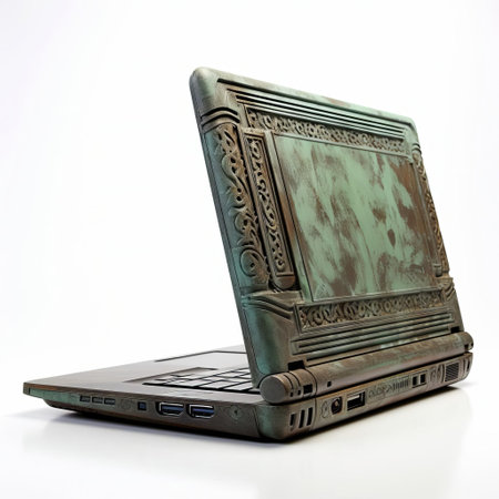 a laptop stand, crafted with sleek and smooth metal, is showcased in a stunning digital illustration, featuring a flat profile side view, with old, faded, and scratched paint, created using maya 3d, set against a crisp white background, perfect for tech enthusiasts and designers. ai generatedの素材