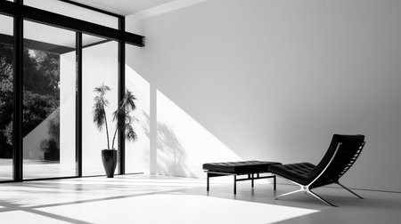 a minimalist interior scene unfolds in this serene black and white photograph, showcasing a spacious room adorned with sleek furniture, clean lines, and an abundance of natural light pouring in through large windows, exuding a sense of calmness, tranquility, and modern simplicity, perfect for interior design inspiration and home decor ideas. ai generatedの素材