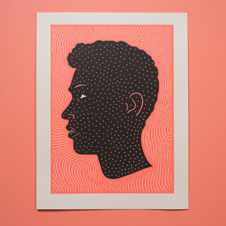 the minimalist screenprint illustration of a male figure, created using the vibrant risograph print technique, showcases a striking portrait with bold lines, geometric shapes, and a limited color palette, evoking a sense of modernity and simplicity in contemporary art and design. ai generatedの素材