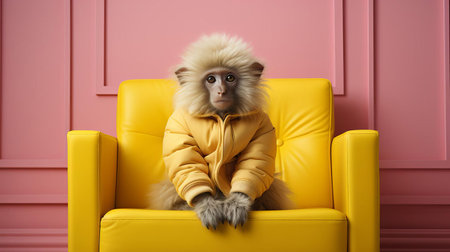 the baboon, with its curious gaze, takes center stage in this extreme minimalist photography, evoking the quirky and whimsical style of wes anderson, as the subtle, muted tones and sparse composition create a sense of simplicity and elegance, reminiscent of a bygone era. ai generatedの素材