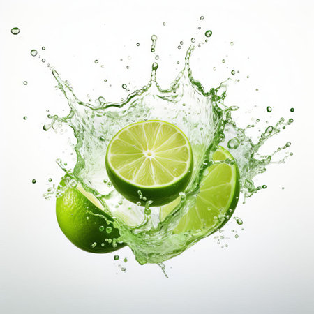 fresh lime juice, bursting with citrus flavor, is beautifully captured in this ultra hd image, showcasing its vibrant green color and refreshing clarity, set against a clean white background, perfect for food bloggers, chefs, and health enthusiasts looking for a revitalizing visual representation of a healthy beverage option. ai generatedの素材