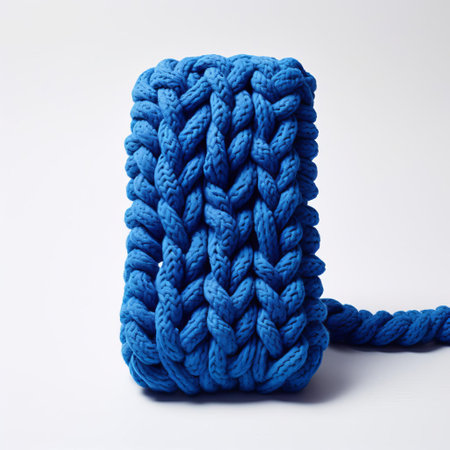 the vibrant indigo knitted phone takes center stage in this stunning still life photography, set against a crisp white background, showcasing the intricate textures and bold color of the handmade accessory, perfect for fans of modern minimalist decor and unique phone cases. ai generatedの素材