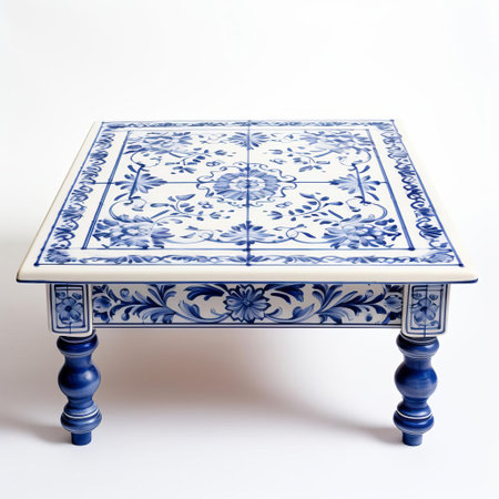 this antique coffee table showcases a stunning vintage delft tile, beautifully set against a crisp white background, boasting a mesmerizing palette of soft blues and creamy whites, evoking a sense of classic elegance and sophistication in any living room or home decor setting. ai generatedの素材