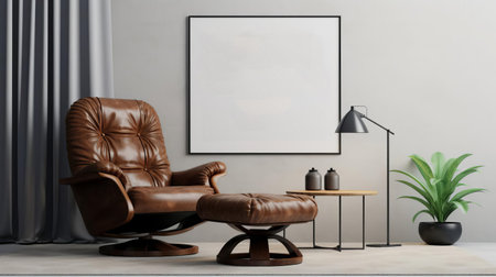 the recliner, adorned with a blank poster frame, sits elegantly on top of a plush ottoman, captured in a professional photograph showcasing exceptional studio lighting, exuding an artistic and unique flair, worthy of an award-winning shot, perfect for interior design, home decor, and furniture inspiration. ai generatedの素材