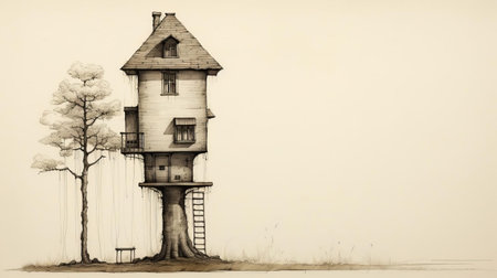 the renaissance-inspired tiny home sketch showcases a luxurious, compact abode featuring a small tree and tower, blending medieval charm with modern minimalism, perfect for those seeking unique, eco-friendly, and sustainable living solutions in a small but stylish package. ai generatedの素材