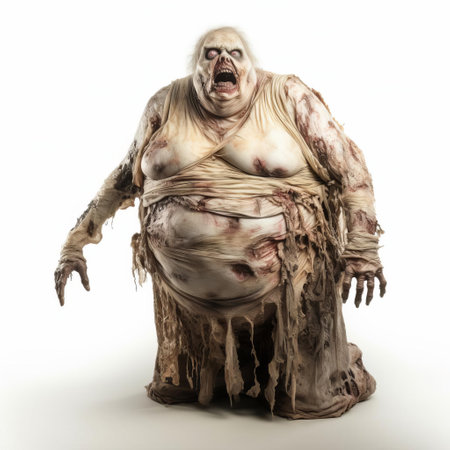 a 3d fat zombie stands ominously on a white isolated background, its grotesque features and bloated body a testament to the undead's unholy existence, perfect for horror and halloween-themed designs, video games, and spooky visual effects, evoking fear and dread in all who behold it. ai generatedの素材