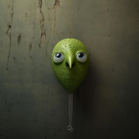 this vibrant green bird figurine, reminiscent of evgeni gordiets' and clemens ascher's inventive character designs, boasts intricately painted eyes on its head, perched atop a spiky mound, evoking didier lourenco's concrete art style, captured in a stunning close-up shot, showcasing the beauty of modern decorative art. ai generatedの素材