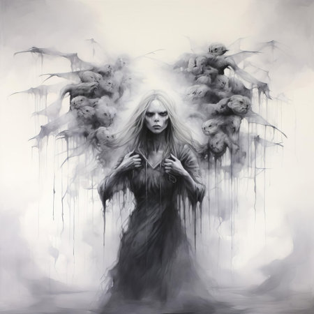 the queen, shrouded in mystery, creates a haunting image of a lost soul, set against a stark, blank background, evoking the eerie and surreal style of renowned illustrator stephen gammell, perfect for fans of dark fantasy and gothic art. ai generatedの素材