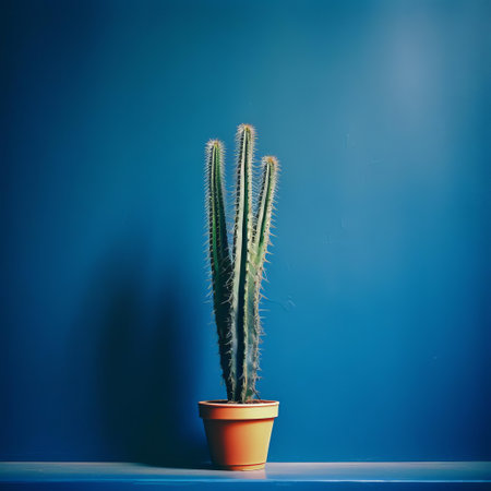 this cactus stands alone in front of a dark blue wall, capturing the essence of a serene desert landscape, bathed in soft, warm, natural evening light, with a nostalgic film grain effect that evokes a sense of retro charm and analog photography nostalgia. ai generatedの素材